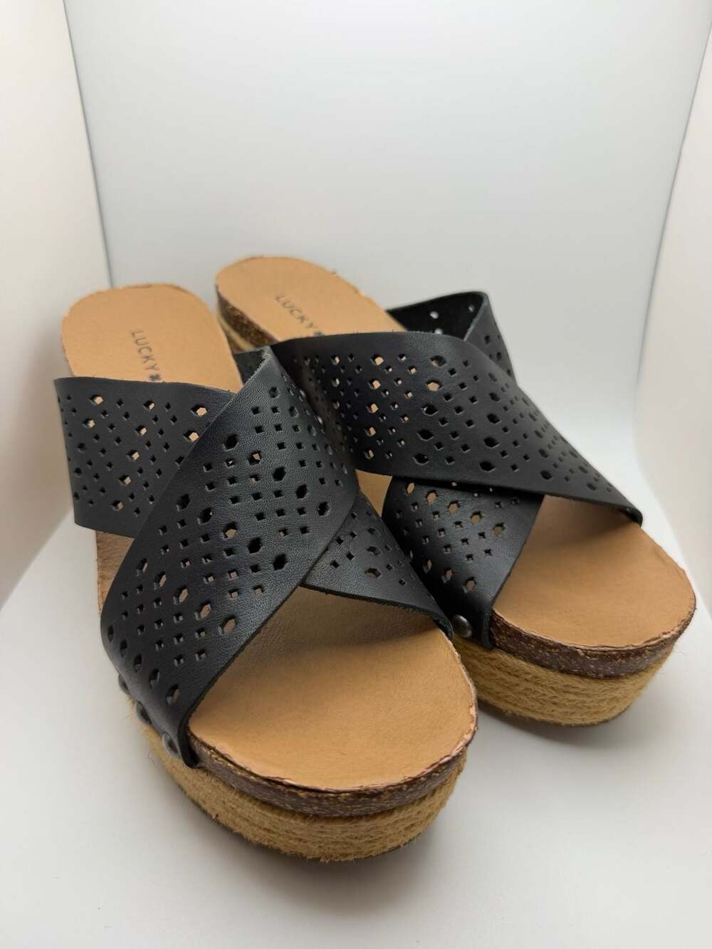 Lucky Brand Neeka Black Cutout Leather Espadrille Wedge Sandals